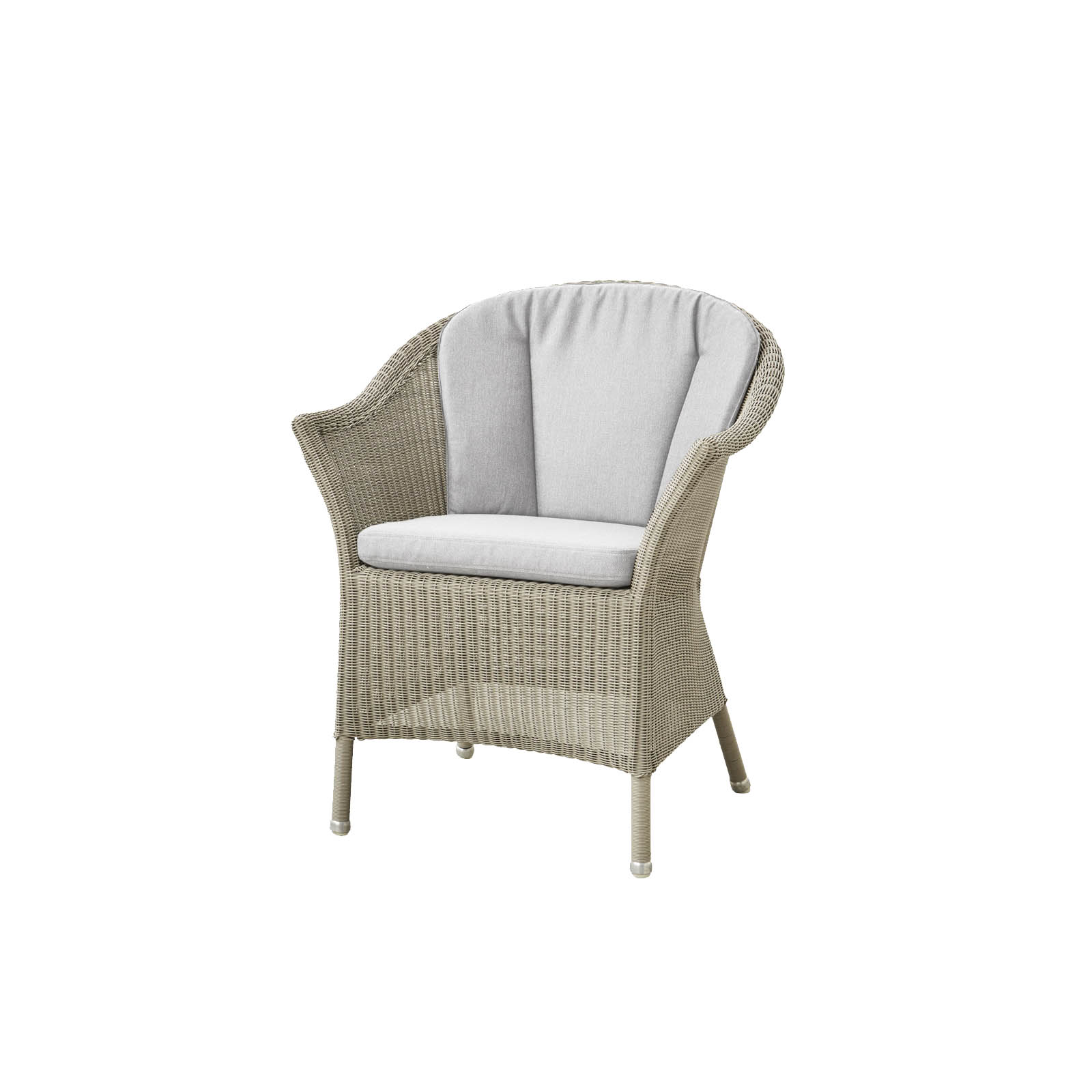 Lansing Stuhl aus Cane-line Weave in Taupe mit Kissen aus Cane-line Natté in Light Grey und Kissen aus Cane-line Natté in Light Grey