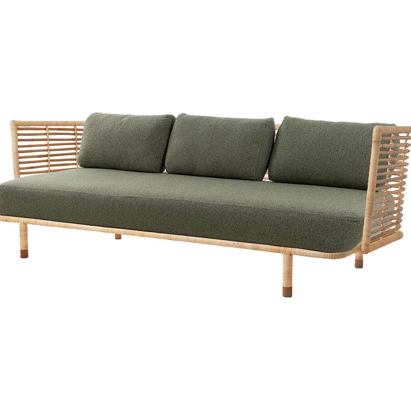 Sense 3-Sitzer Sofa aus Rattan in Natural mit Kissen aus Cane-line Wove in Dark Green