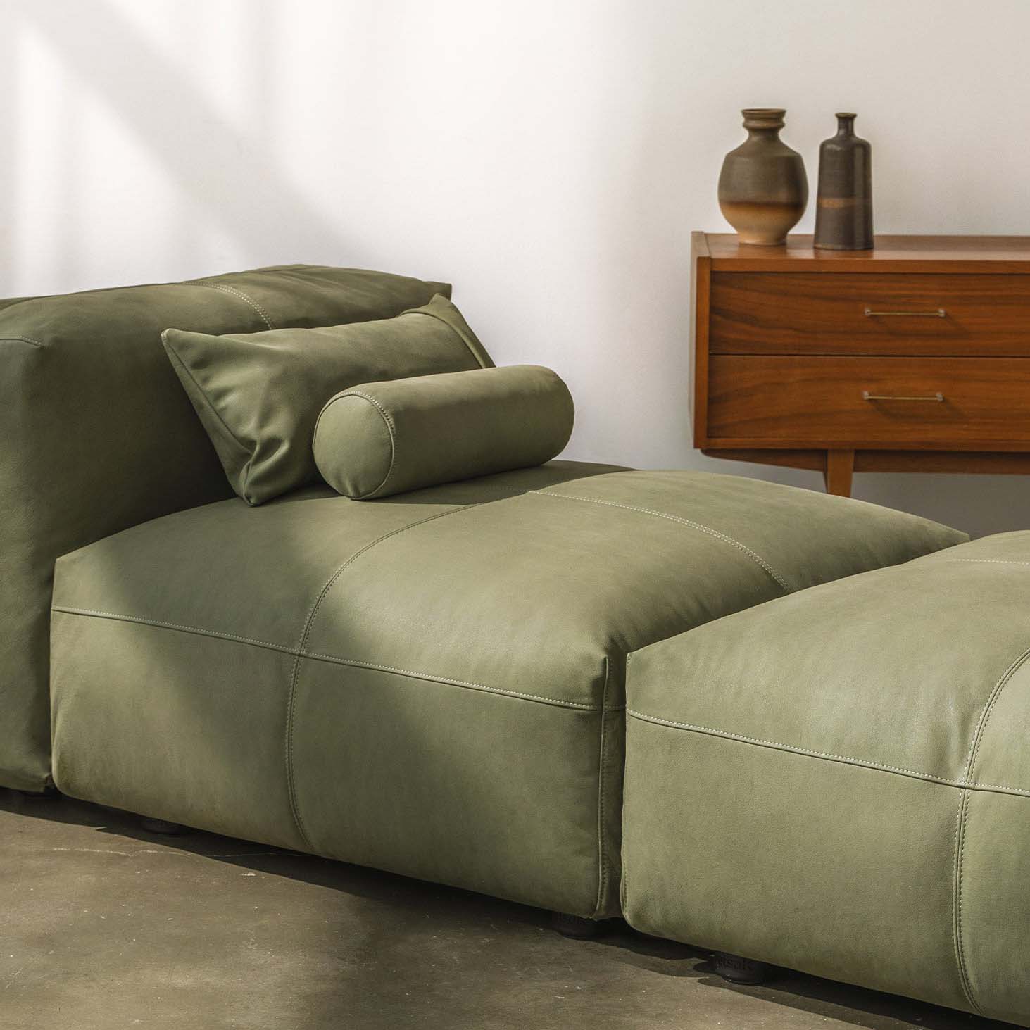 Two Seat Lounge Sofa L Leather Light Olive