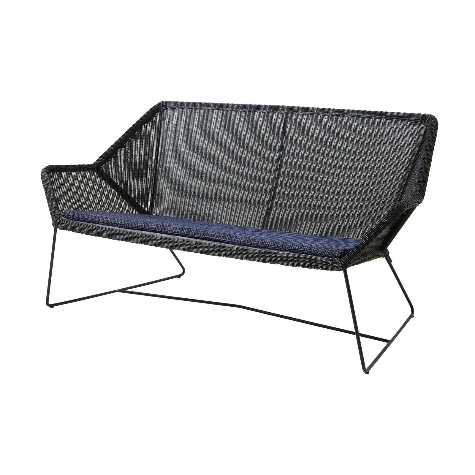 Breeze 2-Sitzer Sofa aus Cane-line Weave in Black mit Kissen aus Cane-line Link in Blue