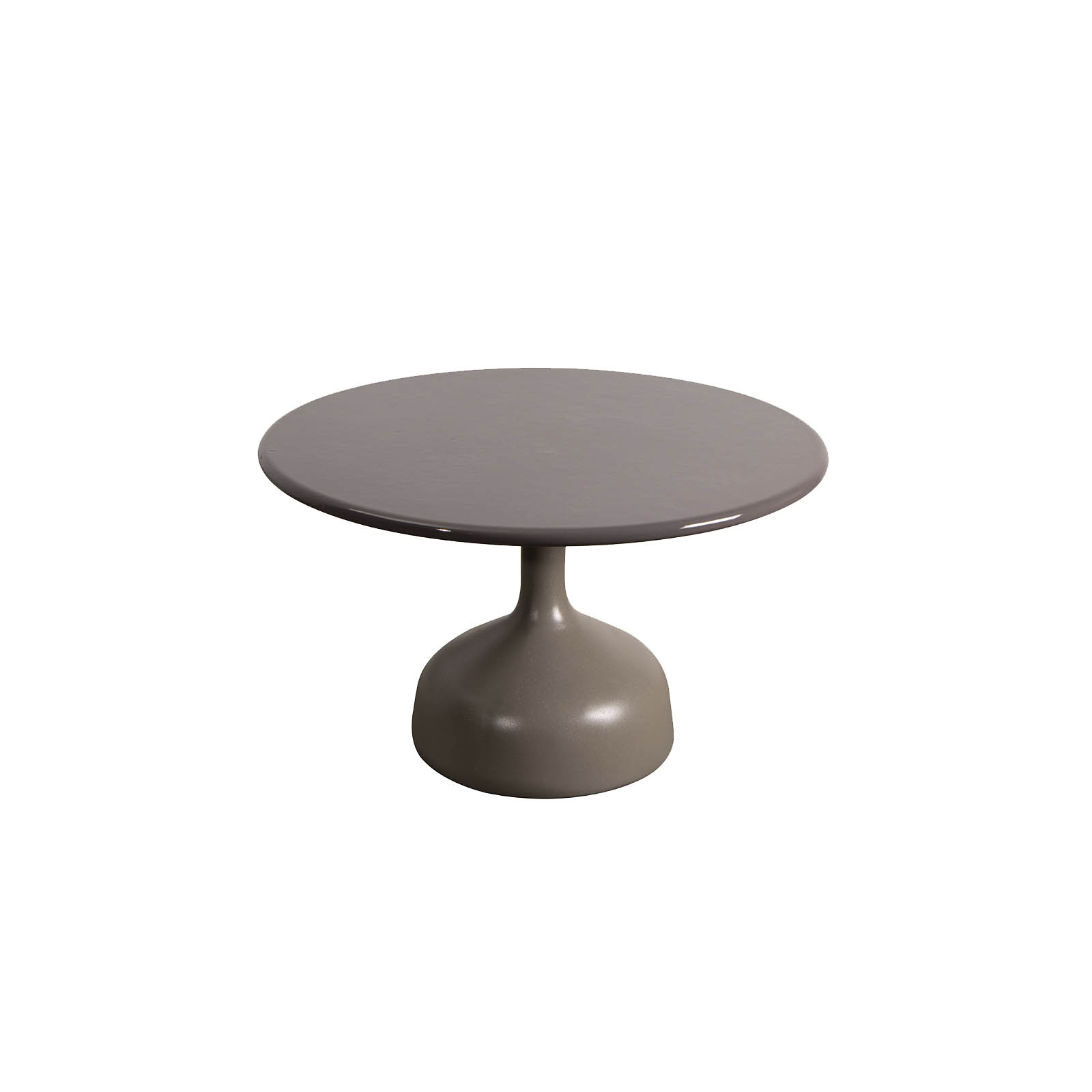 Glaze Couchtisch groß Durchmesser 70 cm aus Aluminium in Taupe mit Tischplatte aus glasierter Lavastein Taupe
