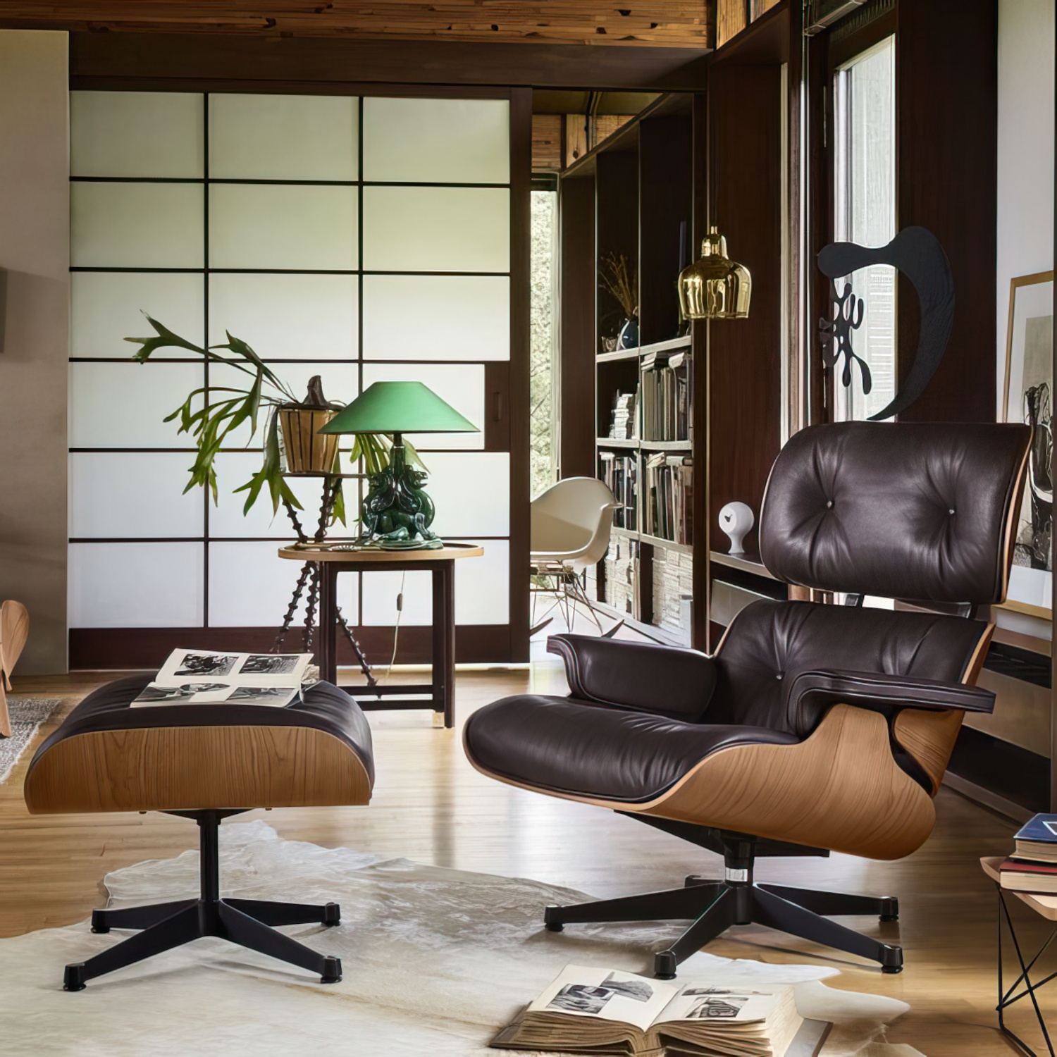 Lounge Chair und Ottoman 41213300 Amerikanischer Kirschbaum Gestell schwarz Leder in Braun