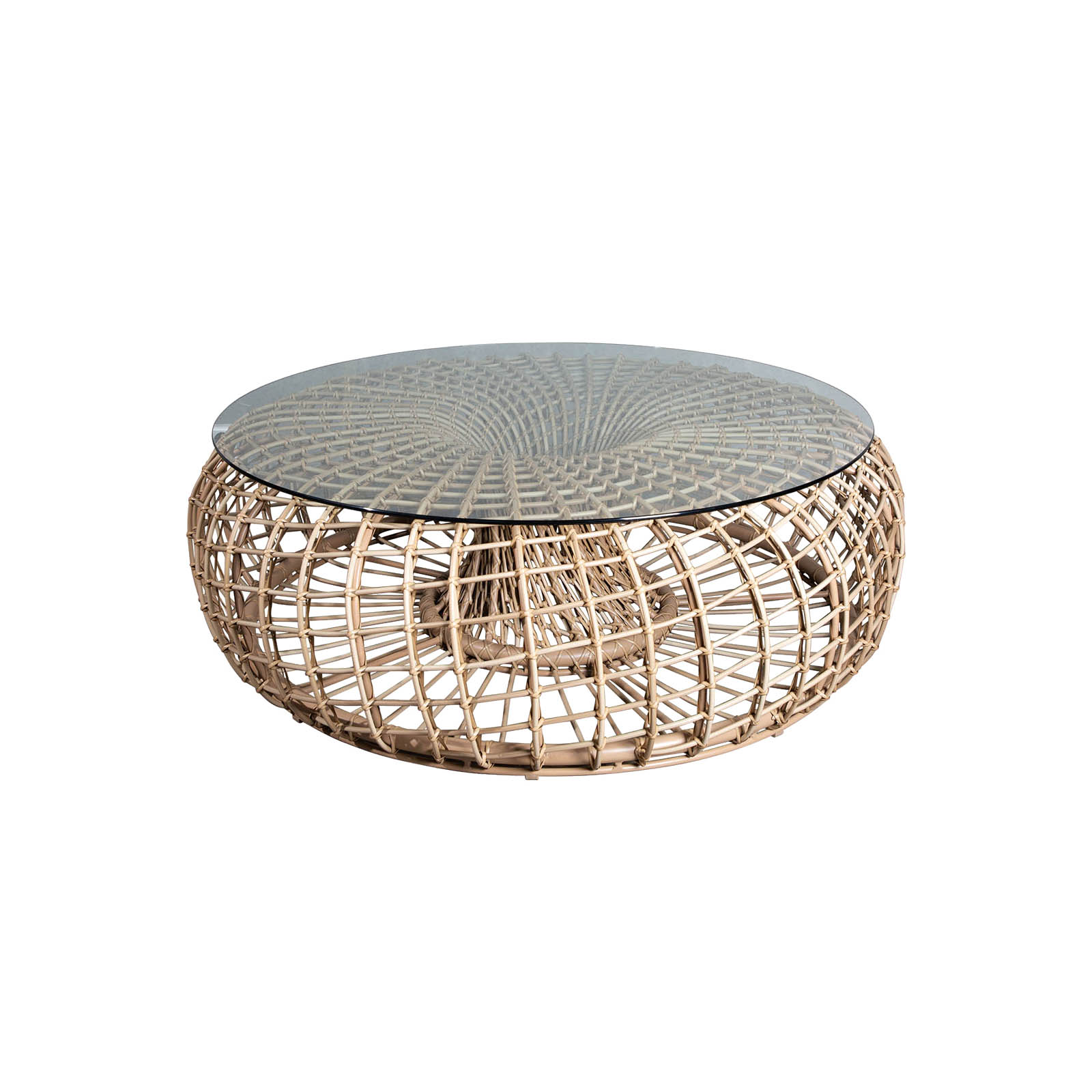 Nest Couchtisch oder Hocker groß Durchmesser 130 cm aus Cane-line Weave in Natural mit Tischplatte aus Sicherheitsglas in Clear