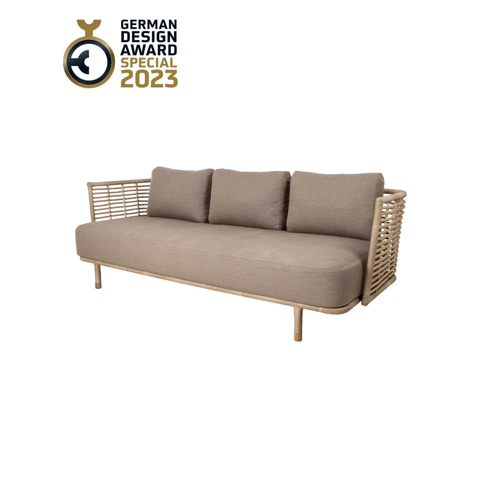 Sense 3-Sitzer Sofa aus Cane-line Weave in Natural mit Kissen aus Cane-line AirTouch in Taupe