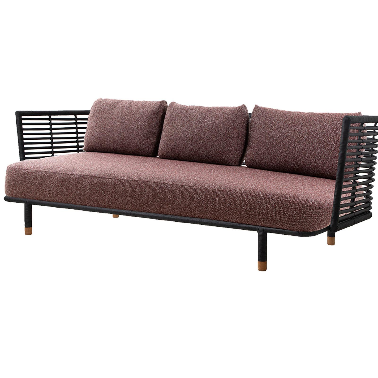 Sense 3-Sitzer Sofa aus Rattan in Black mit Kissen aus Cane-line Wove in Dark Bordeaux