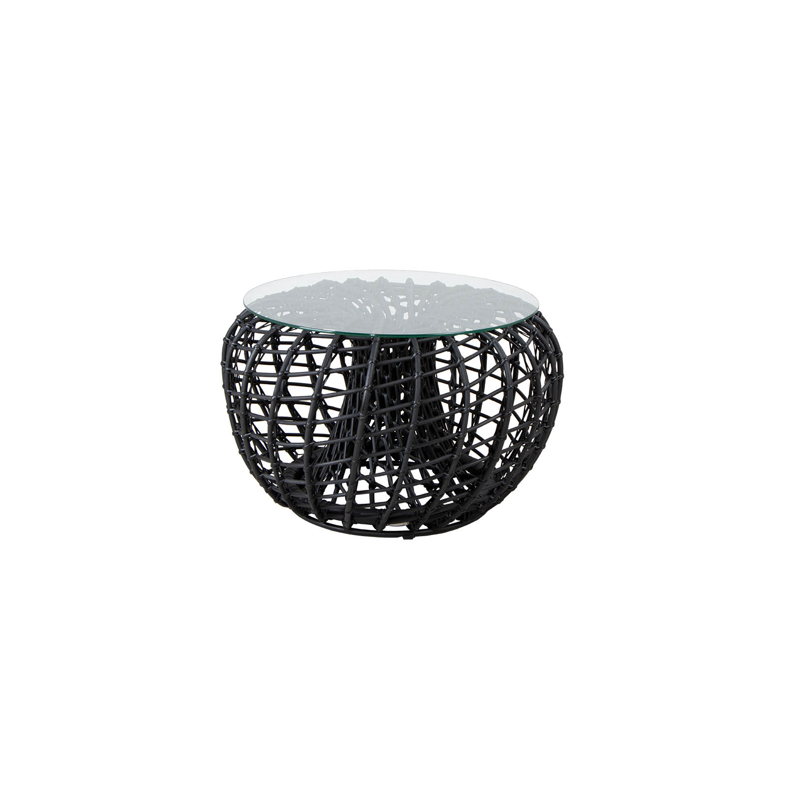 Couchtisch oder Hocker klein mit Durchmesser 67 cm Nest aus CL Weave in Lava Grey mit Tischplatte aus Sicherheitsglas in Clear