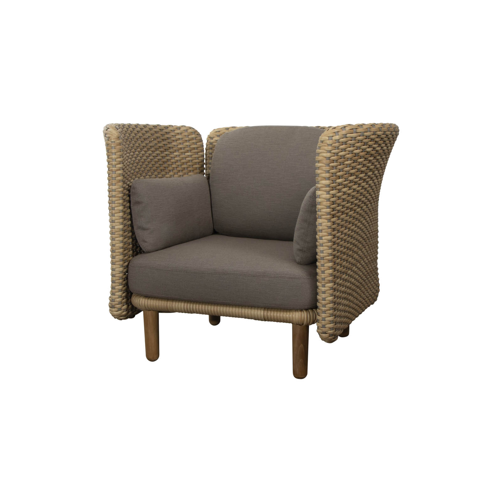 Lounge Chair mit hoher Armlehne oder Rückenlehne 5 Arch aus CL Flat Weave in Natural mit Kissen aus CL AirTouch in Taupe