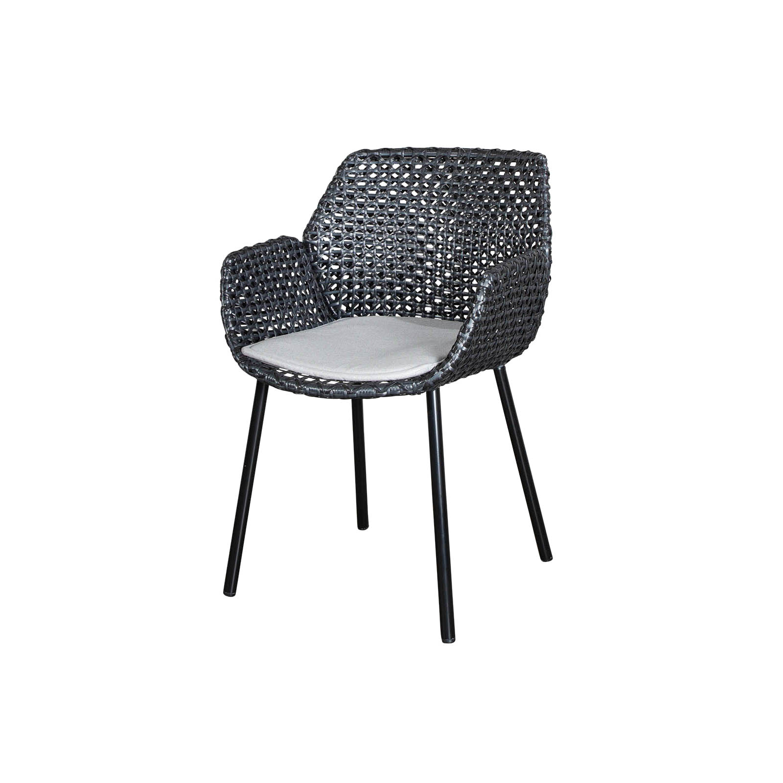 Vibe Stuhl aus Cane-line Weave in Graphite mit Kissen aus Cane-line Natté in Light Grey