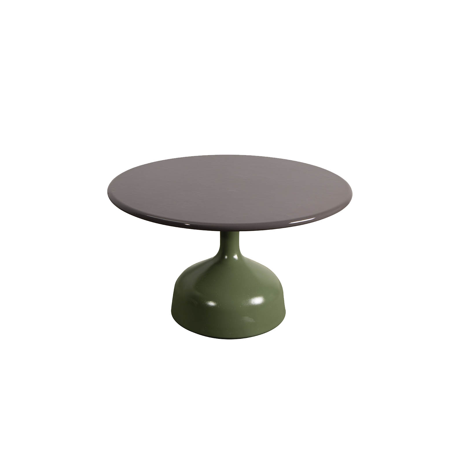 Glaze Couchtisch groß Durchmesser 70 cm aus Aluminium in Olive Green mit Tischplatte aus glasierter Lavastein Taupe
