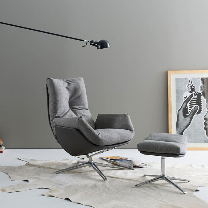 Sessel mit Hocker  Cordia Lounge Leder Schwarz und Stoff Grau