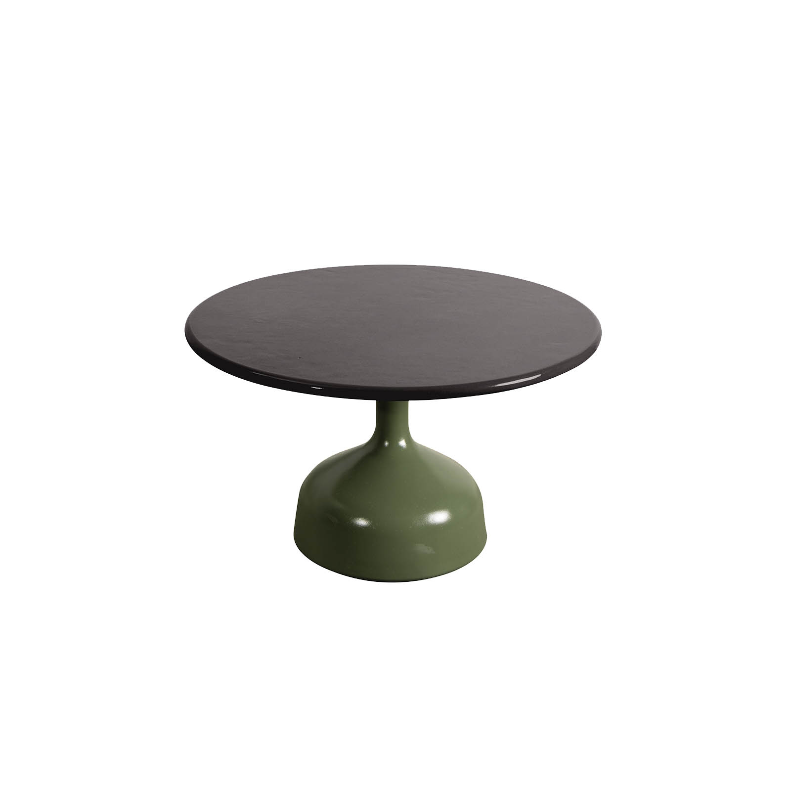 Glaze Couchtisch groß Durchmesser 70 cm aus Aluminium in Olive Green mit Tischplatte aus glasierter Lavastein Black